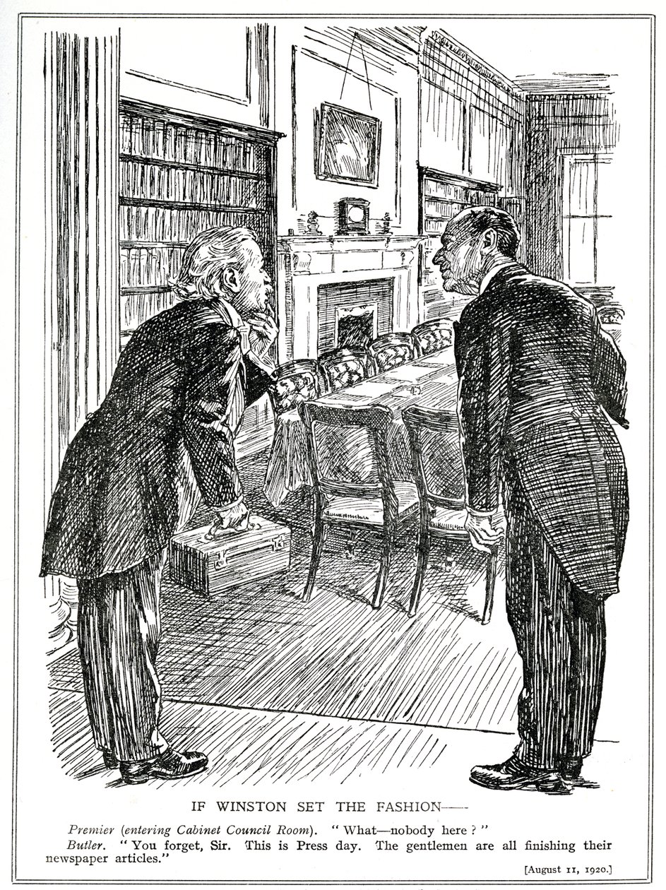 Lloyd George entra in una sala del gabinetto vuota di ministri impegnati a scrivere articoli per i giornali, agosto 1920 da English School