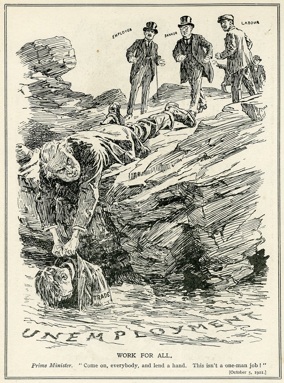 Lloyd George che dice a datori di lavoro, banchieri e lavoratori di cooperare per sconfiggere la disoccupazione, 1921 da English School
