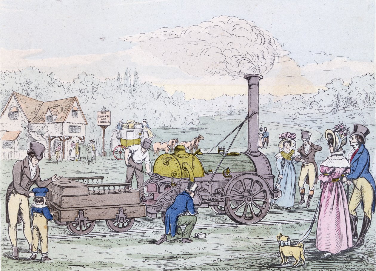 Locomotiva a vapore, la Rocket nel 1830, costruita da George Stephenson da English School