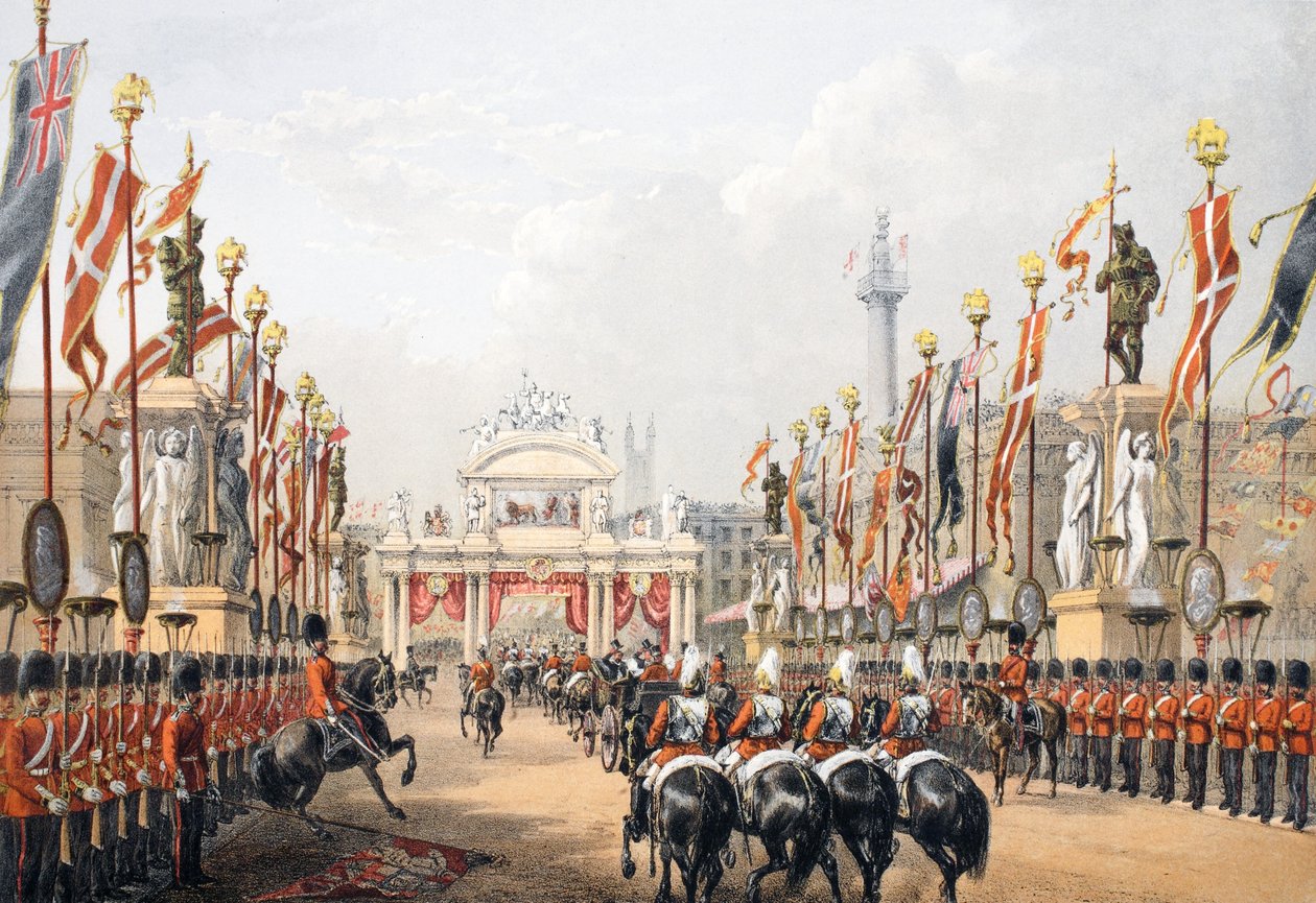 Ponte di Londra, tenuto dalla Honourable Artillery Company di Londra, da A Memorial of the Marriage of Edward VII and Alexandra of Denmark, pub. 1864 da English School