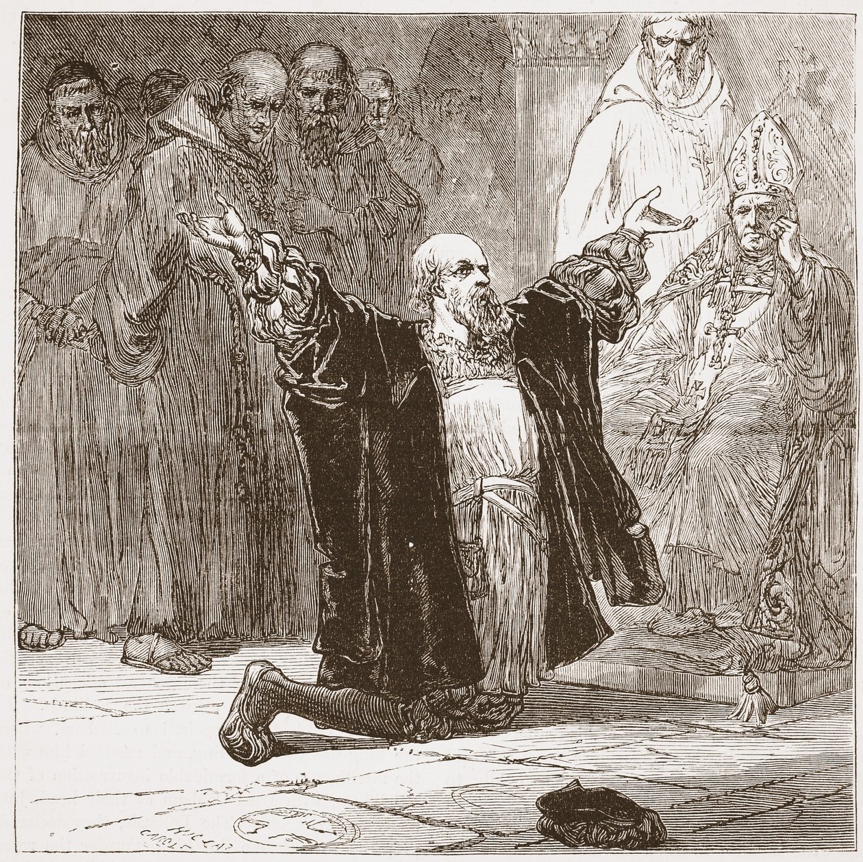 Lord Cobham davanti ai vescovi, illustrazione da La storia del protestantesimo di James Aitken Wylie (1808-1890), pub. 1878 da English School