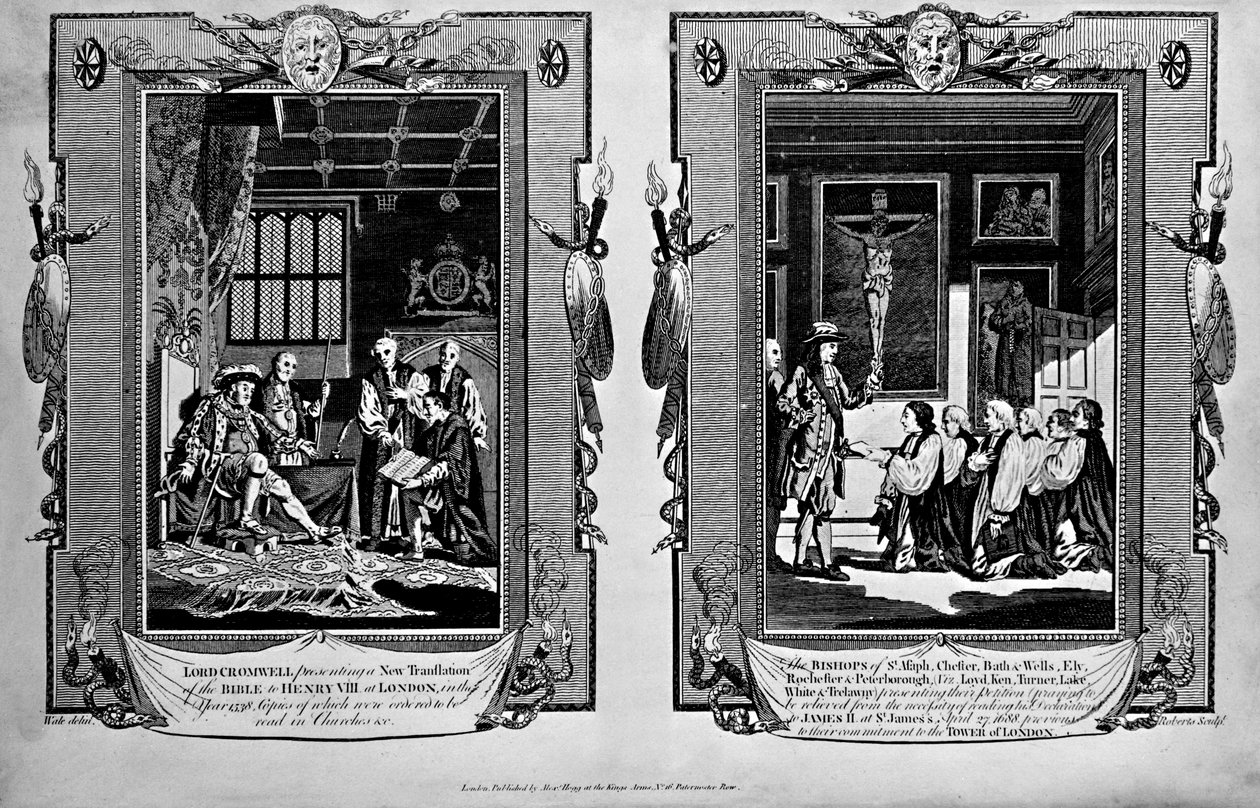 Lord Cromwell presenta la Bibbia a Enrico VIII e i vescovi presentano la petizione a Giacomo II nel 1688, da 