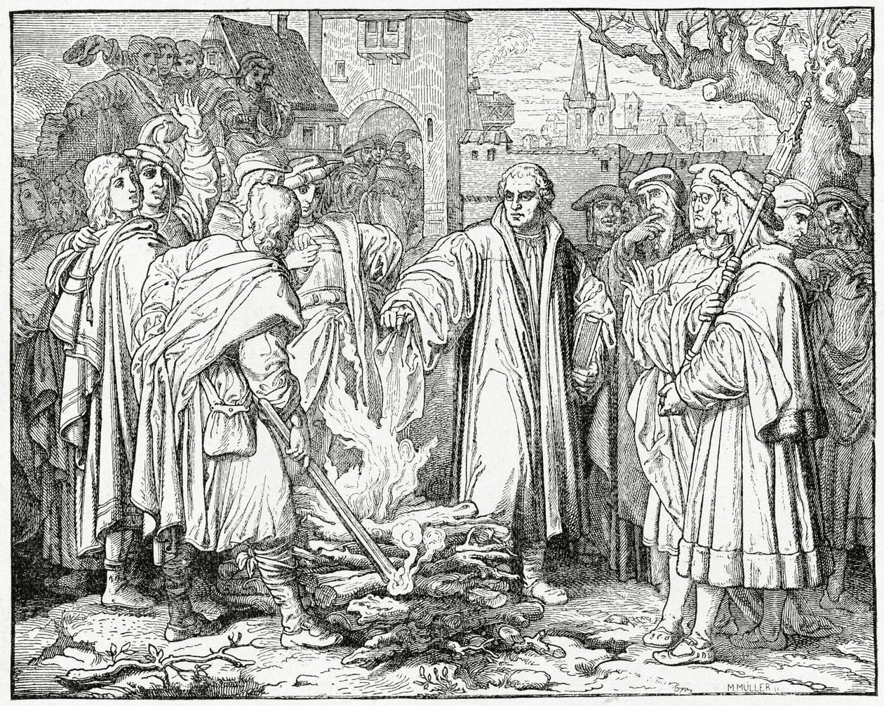 Lutero brucia la bolla papale nel 1520, 1882 da English School