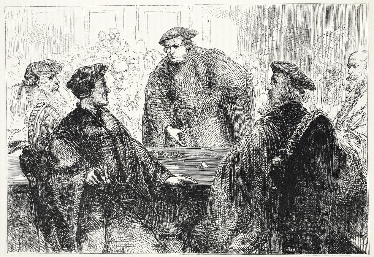 Lutero e Zwingli che discutono a Marburgo, illustrazione da La storia del protestantesimo di James Aitken Wylie, pub. 1878 da English School