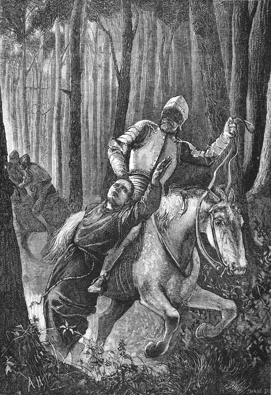 Lutero attaccato da cavalieri mascherati nella foresta della Turingia, illustrazione da La storia del protestantesimo di James Aitken Wylie (1808-1890), pub. 1878 da English School