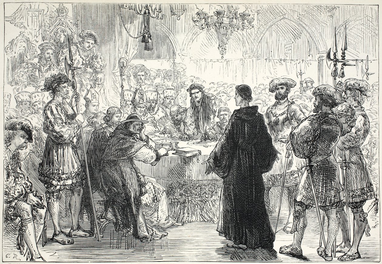 Lutero davanti alla Dieta di Worms, illustrazione da La storia del protestantesimo di James Aitken Wylie (1808-1890), pub. 1878 da English School