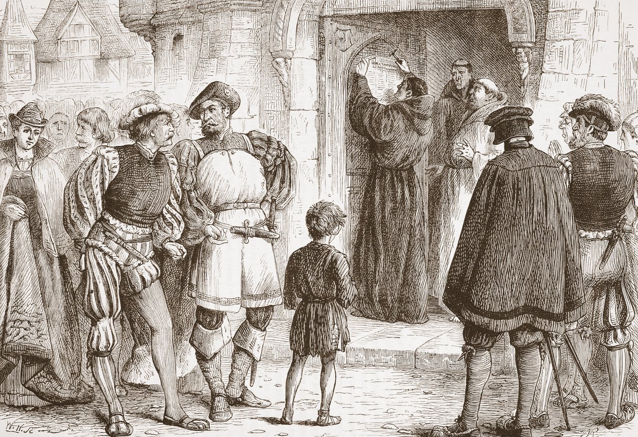 Lutero inchioda le sue tesi alla porta della Schloss-Kirk a Wittemberg, illustrazione da La storia del protestantesimo di James Aitken Wylie (1808-1890), pub. 1878 da English School