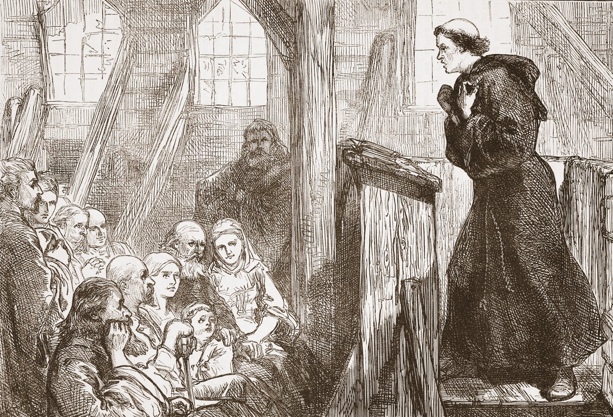 Lutero predica nella vecchia chiesa di legno a Wittemberg, illustrazione da La storia del protestantesimo di James Aitken Wylie (1808-1890), pub. 1878 da English School