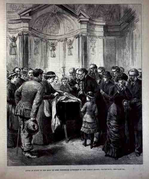 Lying in State, il Corpo di Lord Frederick Cavendish (1836-82) nella Cappella di Famiglia, Chatsworth, da The Illustrated London News, 20 maggio 1882 da English School