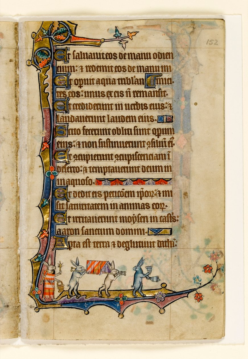MS 1-2005, fol. 152r: Un corteo funebre di conigli, decorazione marginale dal Salterio di Macclesfield, Uso di Sarum, East Anglia, c.1330 da English School
