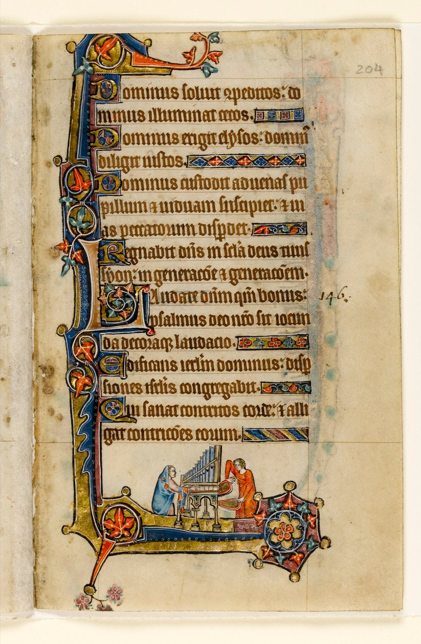 MS 1-2005, fol. 204r: Suonare un organo, decorazione marginale dal Salterio di Macclesfield, Uso di Sarum, East Anglia, c.1330 da English School