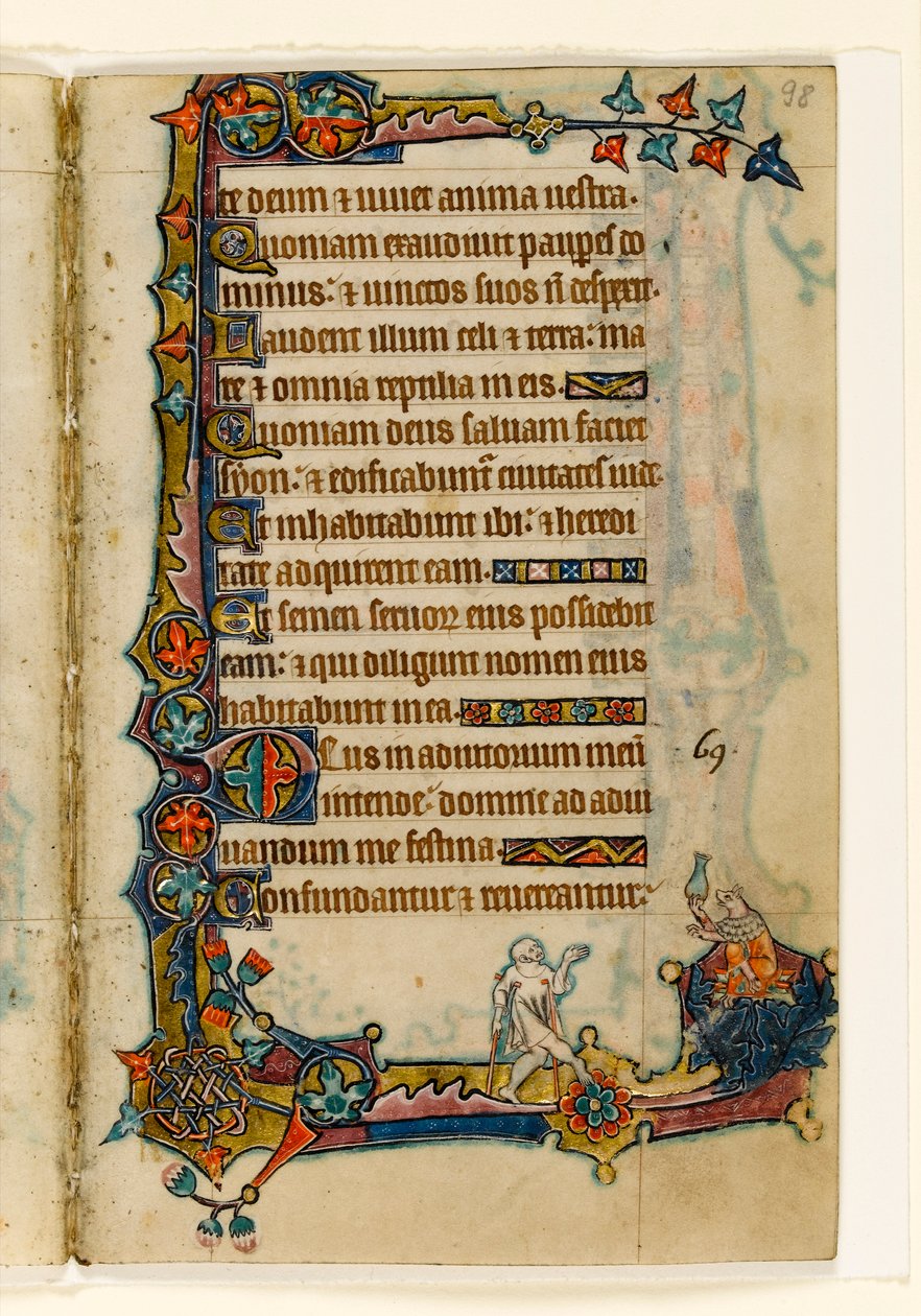 MS 1-2005, fol. 98r: Un mendicante e un maiale ricco (?), decorazione marginale dal Salterio di Macclesfield, Uso di Sarum, East Anglia, c.1330 da English School