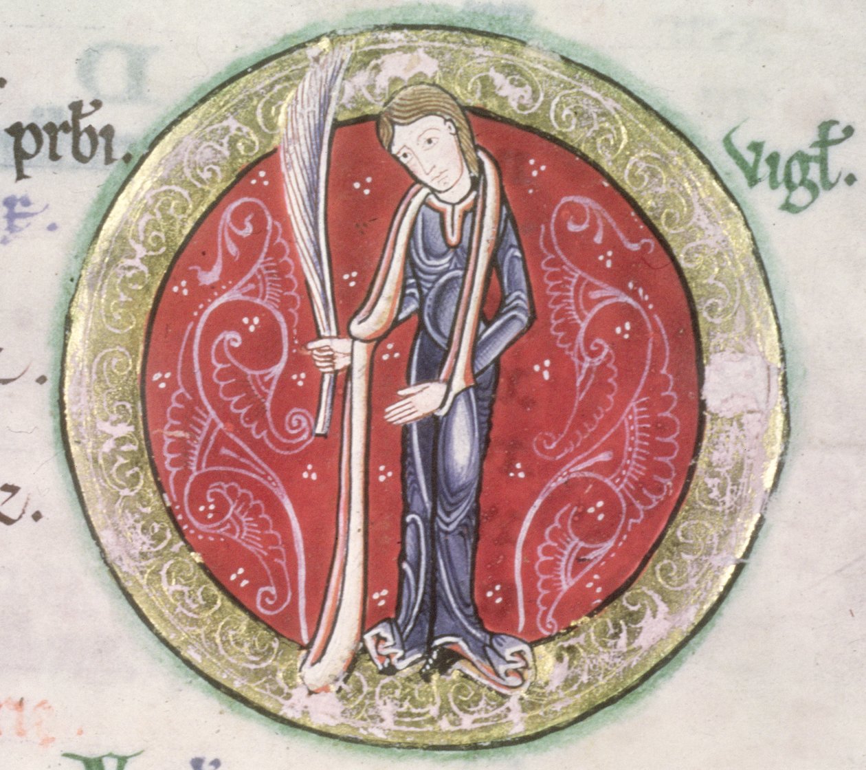 MS Hunter 229 f.4v Virgo, dal Salterio Hunteriano, c.1170 (penna e inchiostro e tempera su pergamena) (dettaglio) da English School