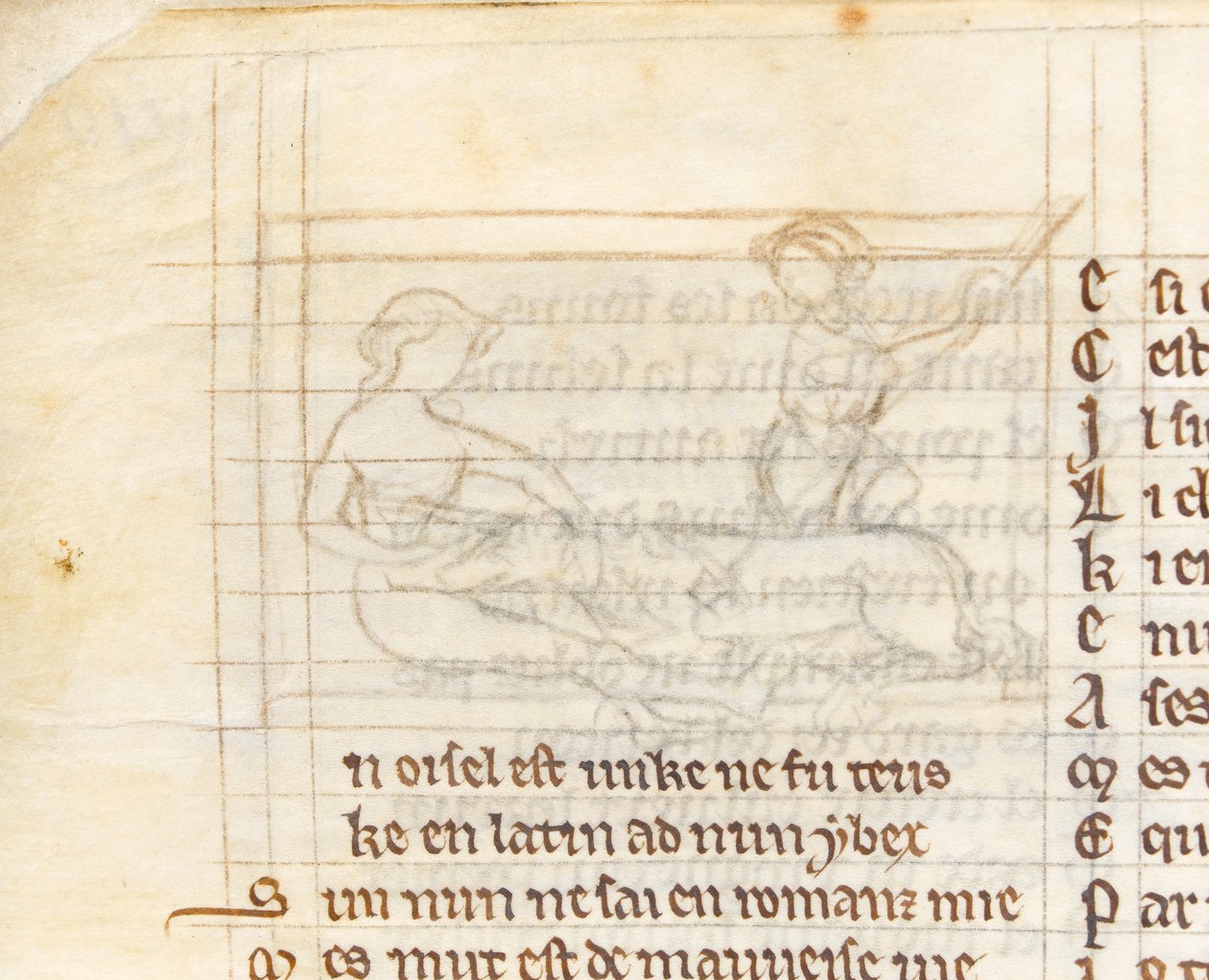 Sottodisegno per una miniatura che mostra un cacciatore che cattura un unicorno sdraiato nudo in grembo a una vergine, dal 