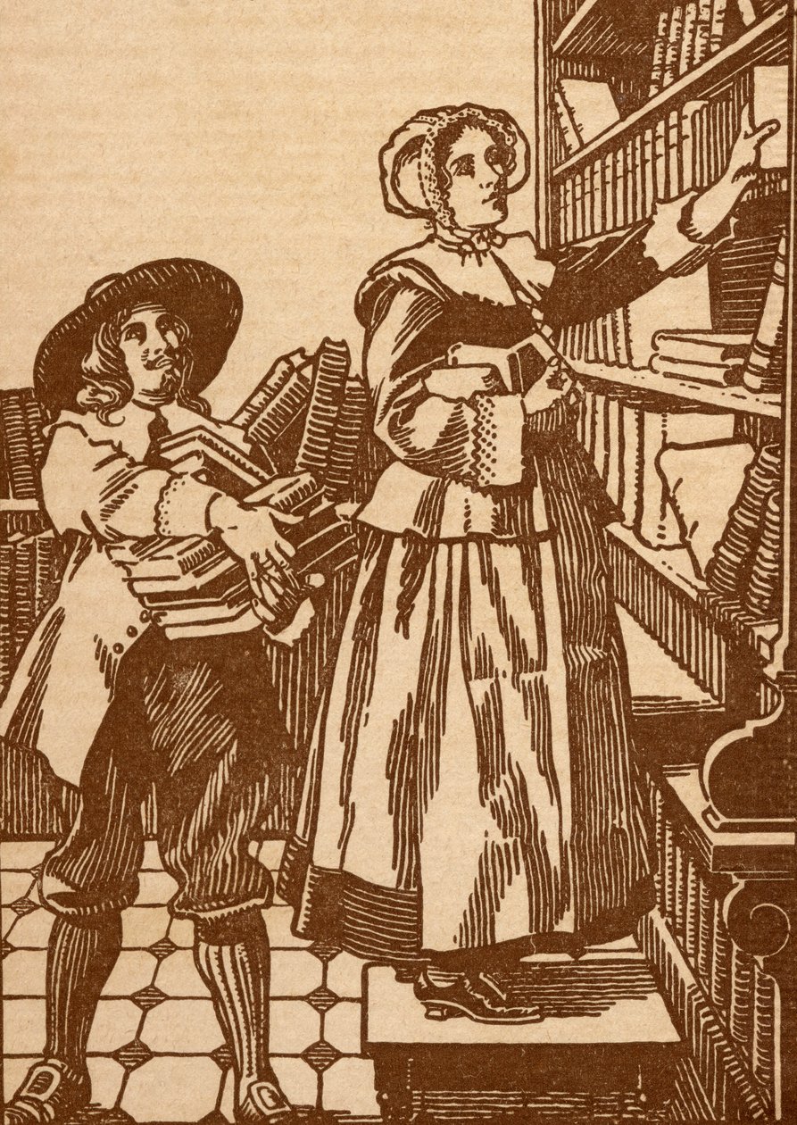 Librai maschi e femmine che lavorano in una libreria del XVII secolo da English School