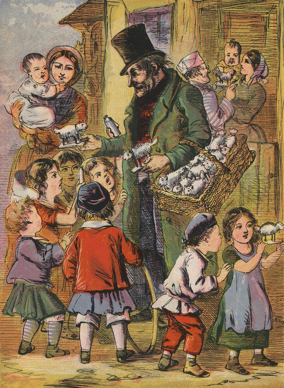 Uomo che vende agnelli giocattolo (litografia a colori) da English School