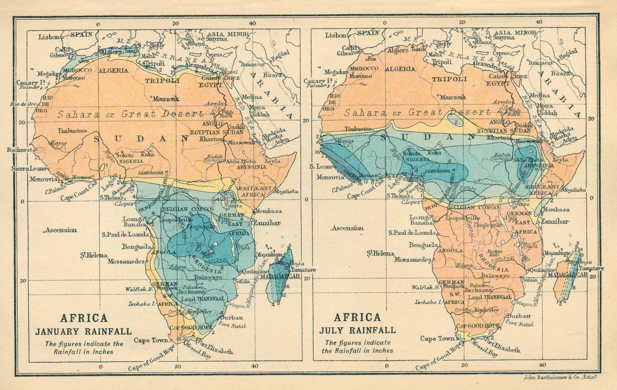 Mappa: Africa, precipitazioni di gennaio, precipitazioni di luglio (litografia a colori) da English School
