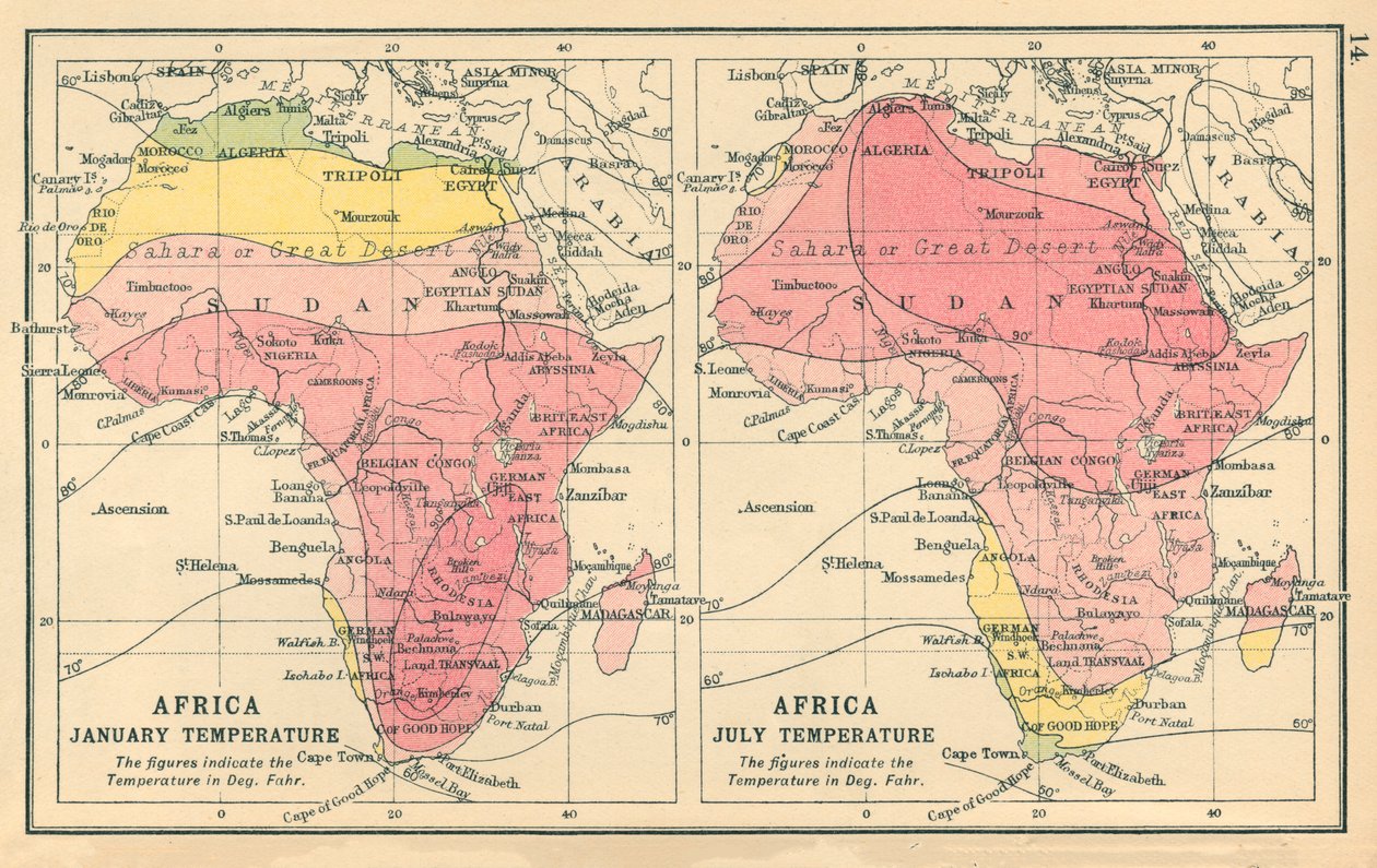 Mappa: Africa, temperatura di gennaio, temperatura di luglio (litografia a colori) da English School