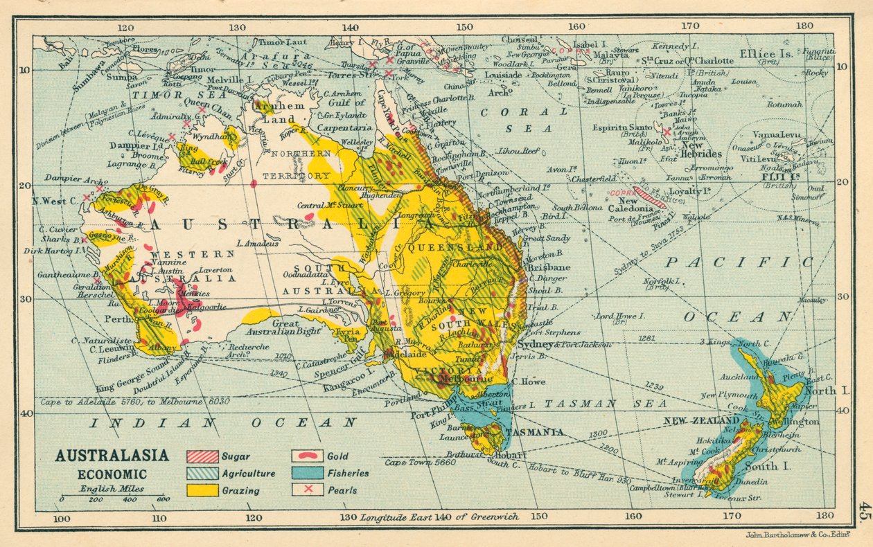 Mappa: Australasia, Economica (litografia a colori) da English School