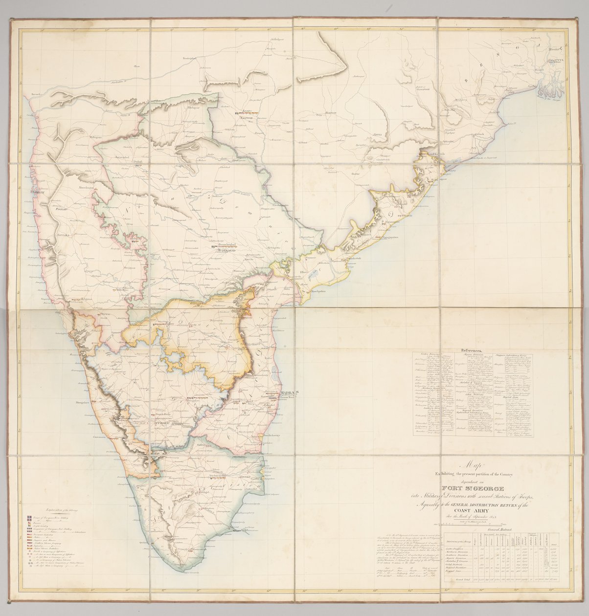 Mappa che mostra la partizione attuale del paese dipendente da Fort St. George in divisioni militari con diverse stazioni di truppe da English School