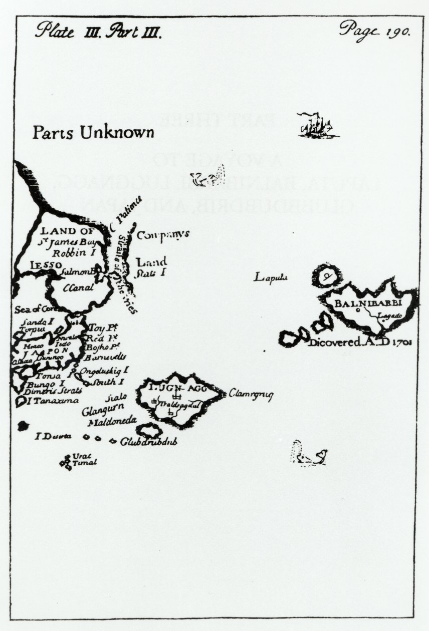 Mappa dai Viaggi di Gulliver di Jonathan Swift (1667-1745) da English School