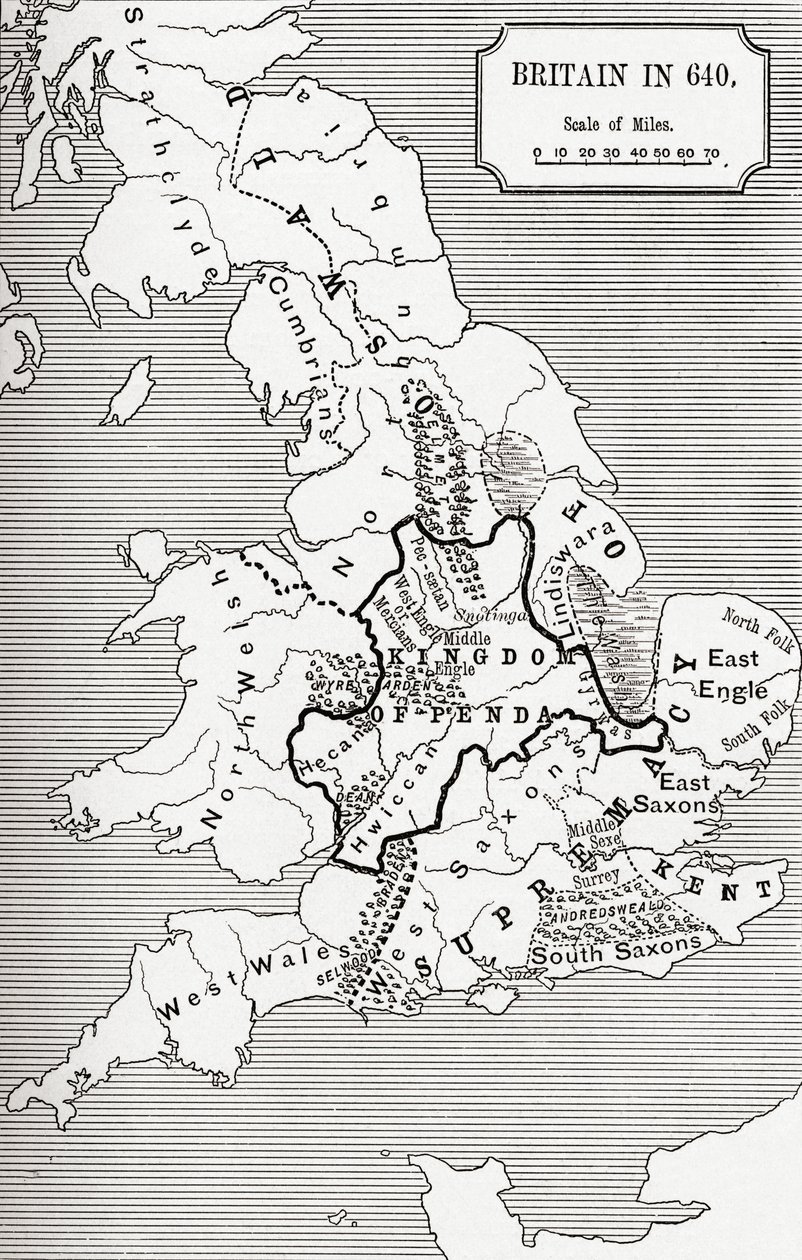 Mappa della Gran Bretagna nel 640, dal Regno di Northumbria in 