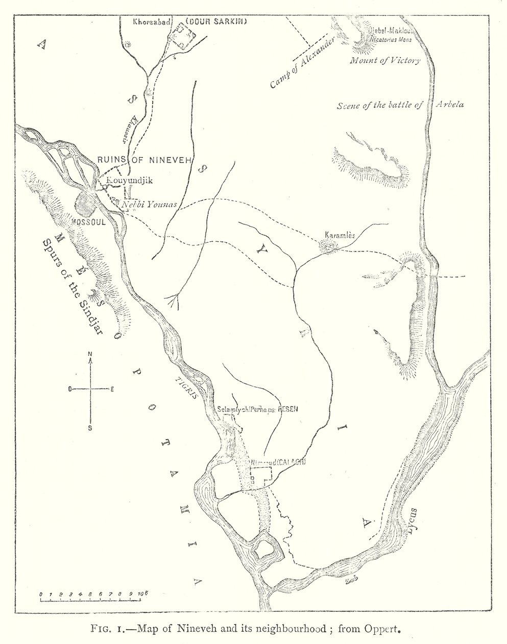 Mappa di Ninive e dei suoi dintorni; da Oppert (incisione) da English School