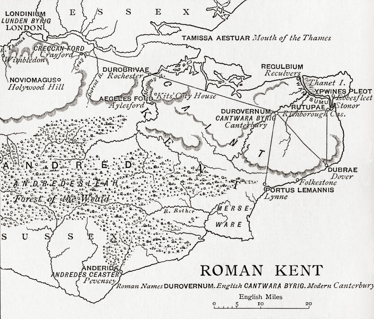Mappa del Kent romano, Inghilterra, da 