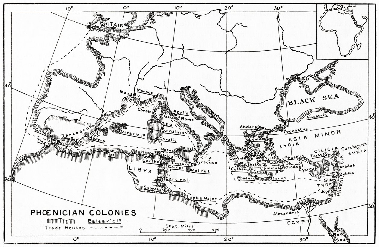 Mappa delle colonie fenicie e delle sue rotte commerciali nel Mediterraneo da English School