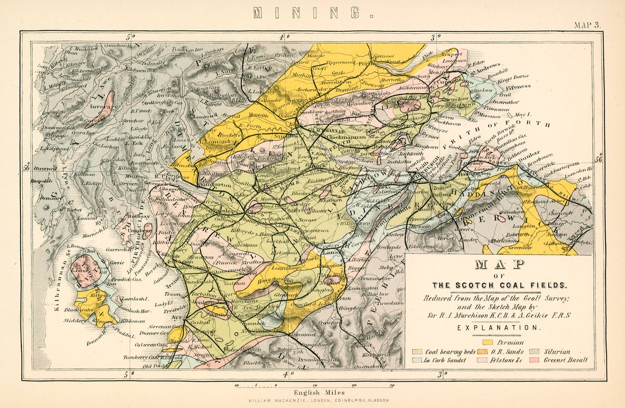 Mappa dei giacimenti di carbone scozzesi (litografia a colori) da English School
