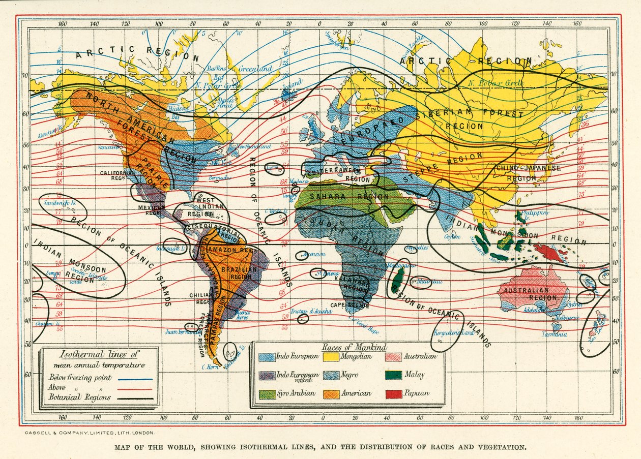 Carta del mondo con le linee isotermiche e la distribuzione delle razze e della vegetazione (litografia a colori) da English School