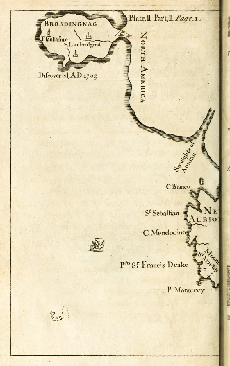 Mappa che mostra la posizione di Brobdingnag dalla prima edizione di Viaggi di Gulliver di Jonathan Swift da English School
