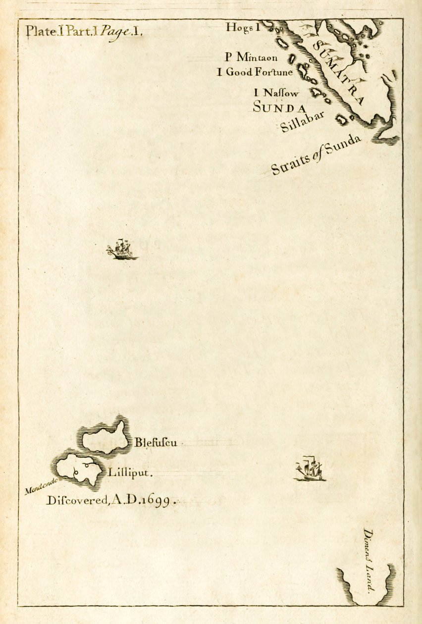 Mappa che mostra la posizione di Lilliput dalla prima edizione di Viaggi di Gulliver di Jonathan Swift da English School