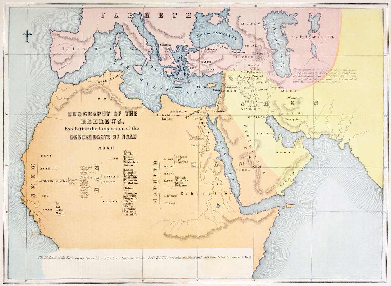 Mappa che mostra la geografia degli Ebrei e la dispersione dei discendenti di Noè da English School