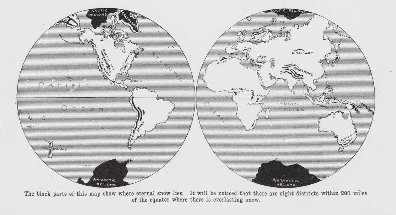 Mappa che mostra dove si trova la neve eterna (litografia) da English School