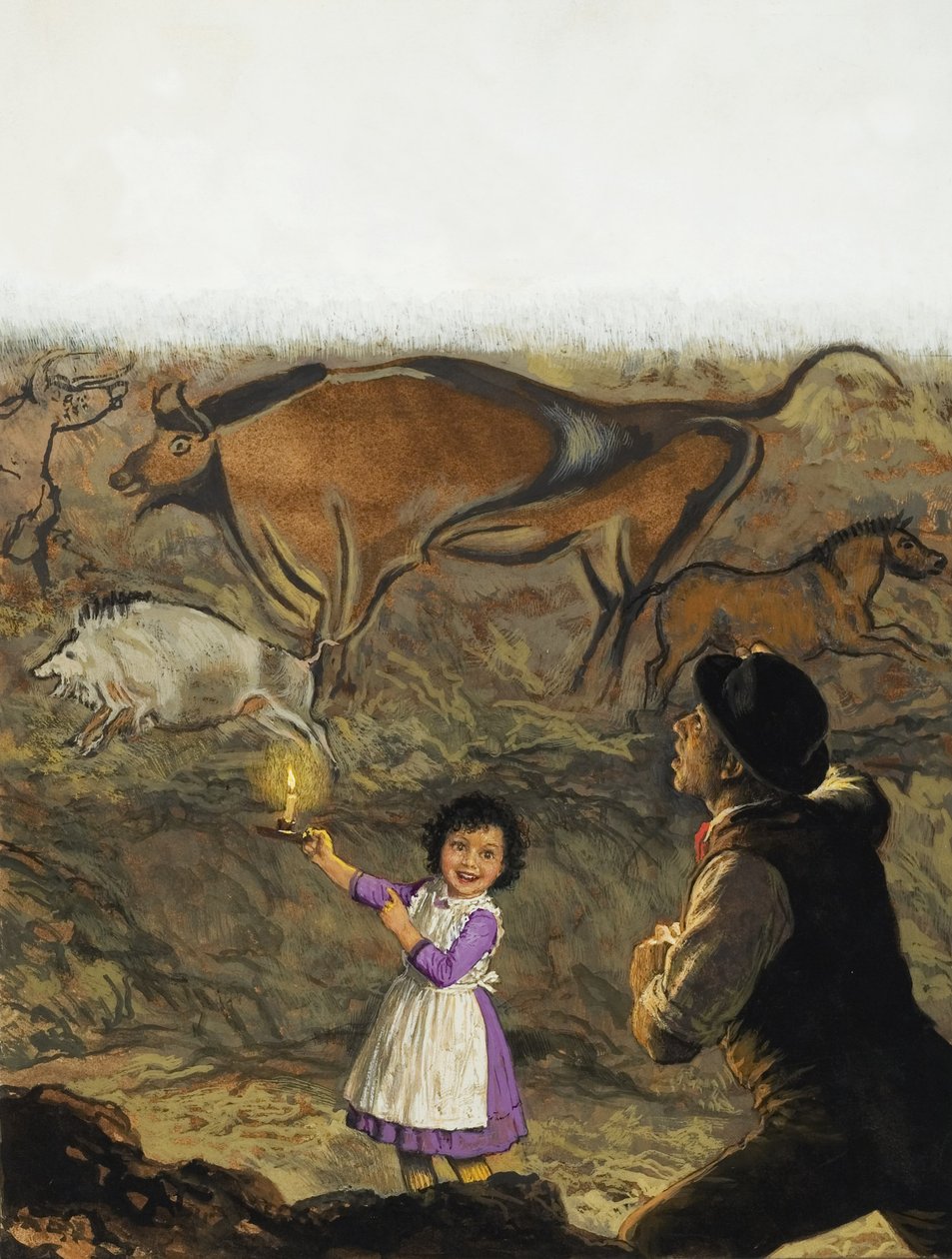 Marcelino Sanz de Sautuola (1831-88) e sua figlia Maria scoprono le pitture rupestri di Altamira (gouache su carta) da English School