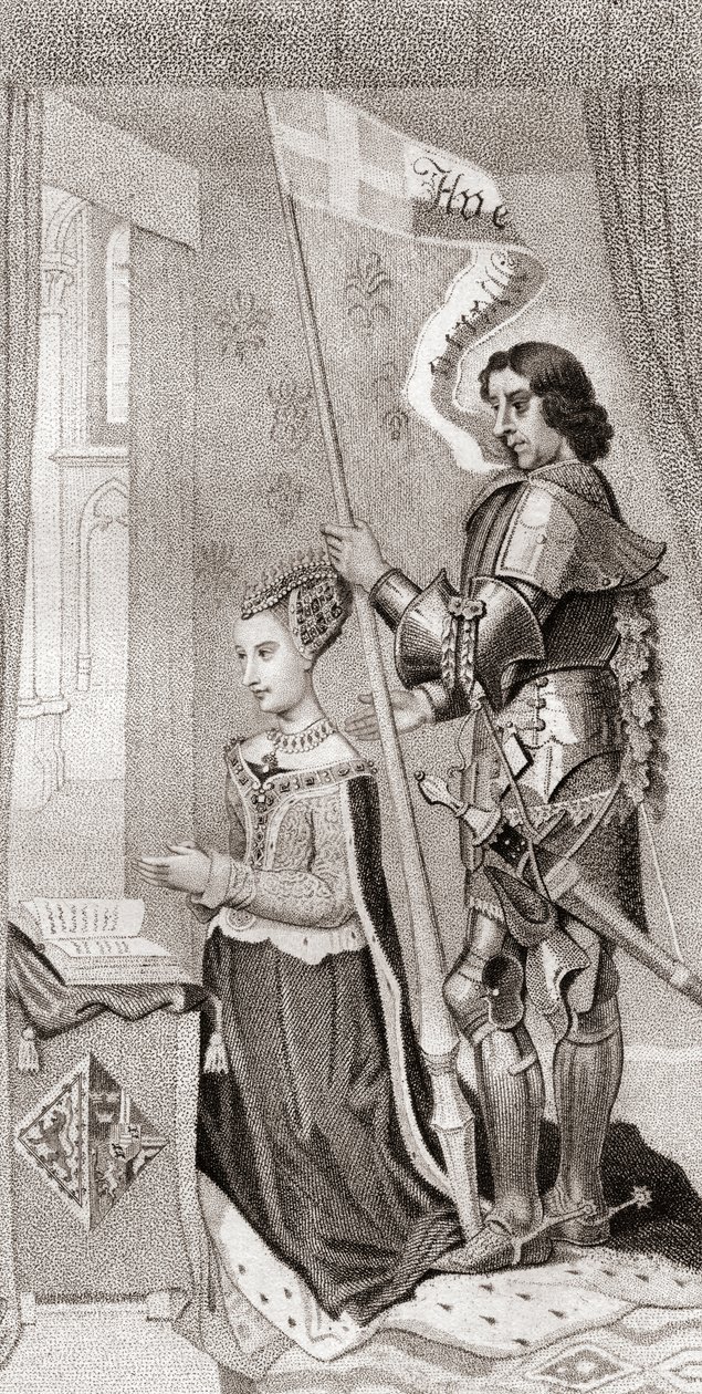Margherita di Danimarca con San Canuto, patrono della Danimarca, dietro di lei con uno stendardo che mostra la croce delle crociate da English School