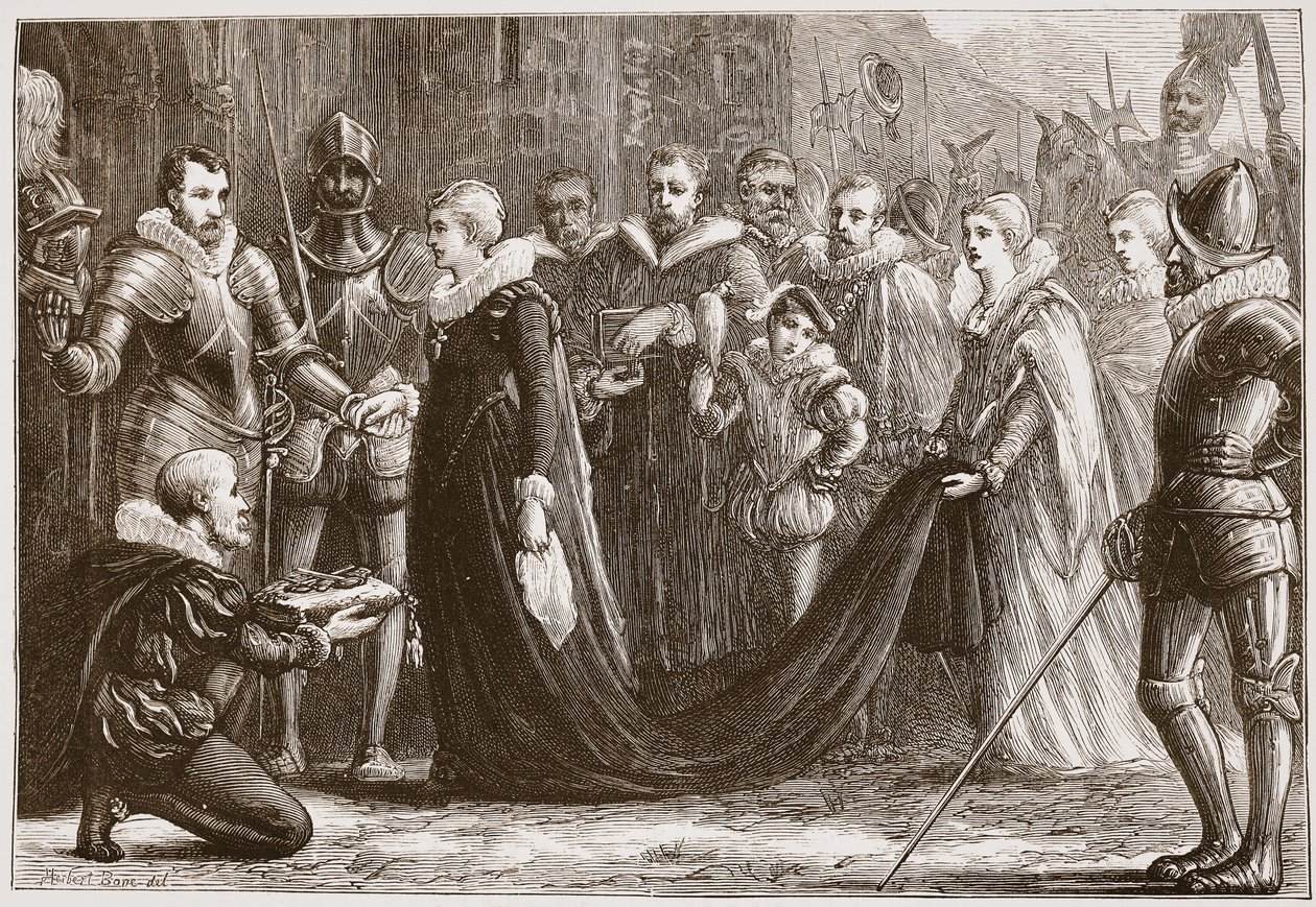 Maria Stuarda che entra a Holyrood, illustrazione da The History of Protestantism di James Aitken Wylie, pub. 1878 da English School