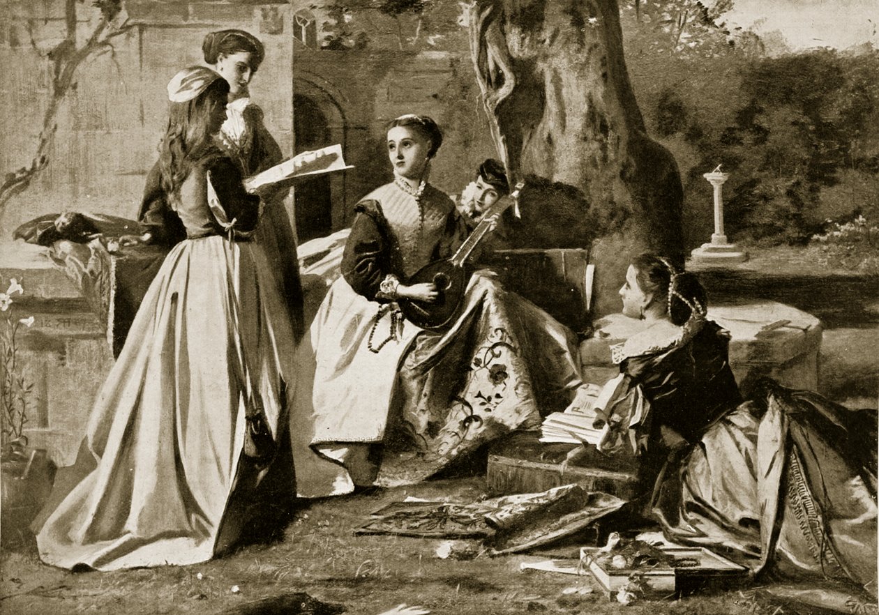 Maria Stuarda in un giardino del convento, illustrazione da Hutchinsons Story of the British Nation da English School