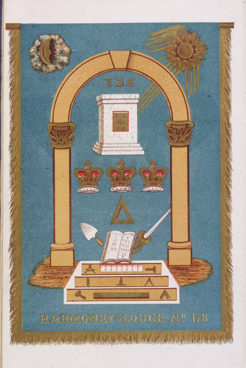 Emblema della loggia massonica che mostra colonne e vari simboli da English School