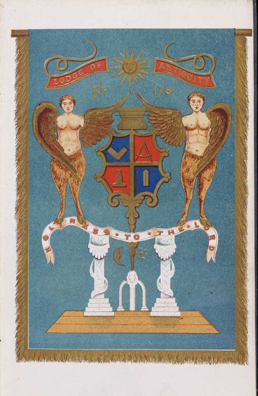 Emblema della loggia massonica che mostra lo stemma con angeli da English School