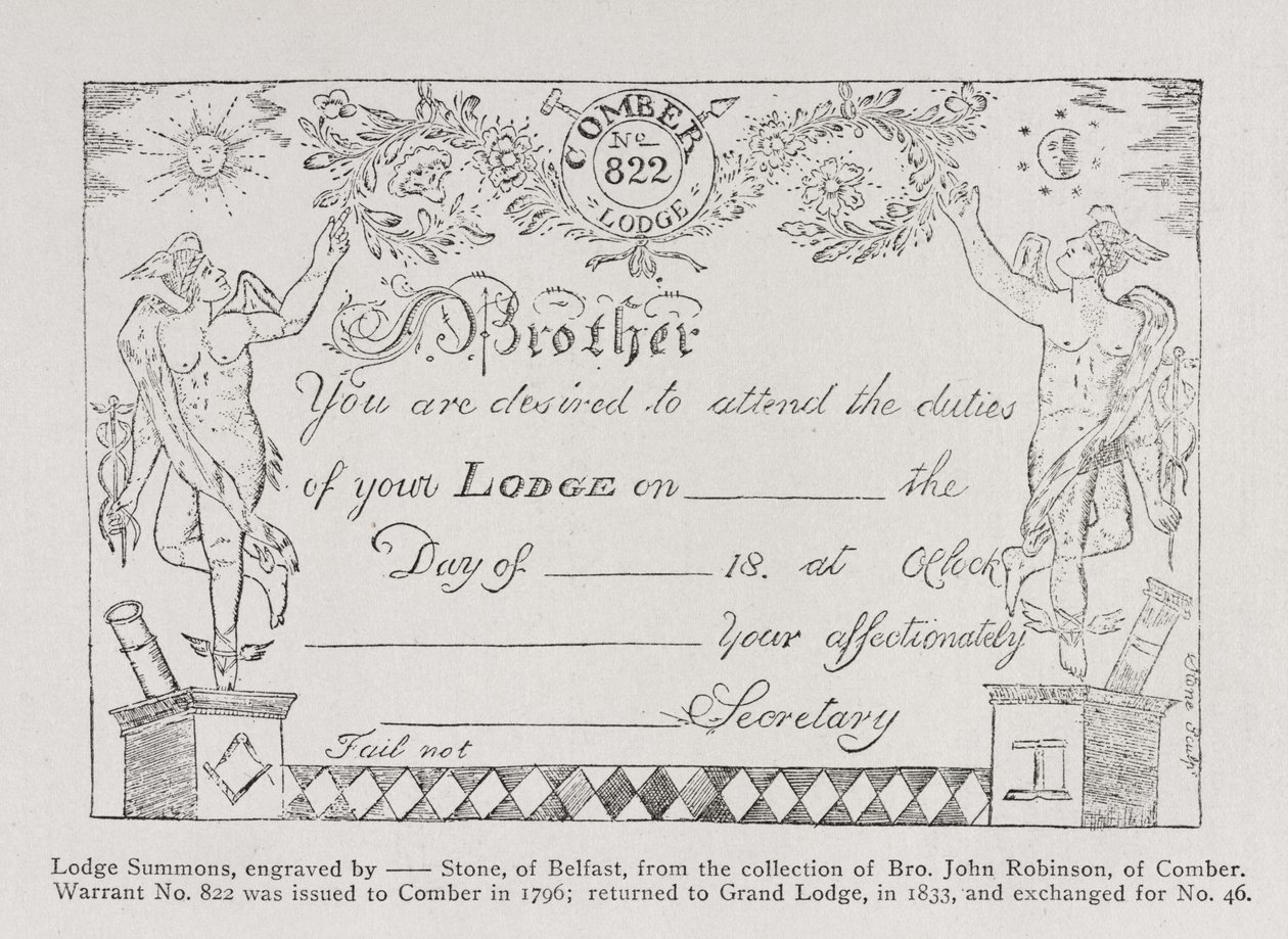 Convocazione della loggia massonica, datata 1796 da English School