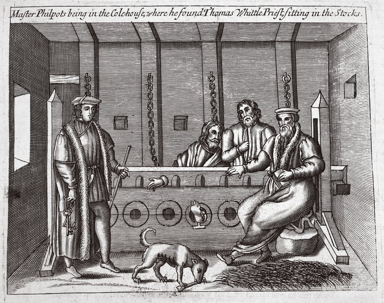 Maestro Philpots nella Colehouse, dove trovò Thomas Whittle, prete, seduto nei ceppi, illustrazione da Atti e Monumenti di John Foxe, nona edizione, pub. 1684 da English School