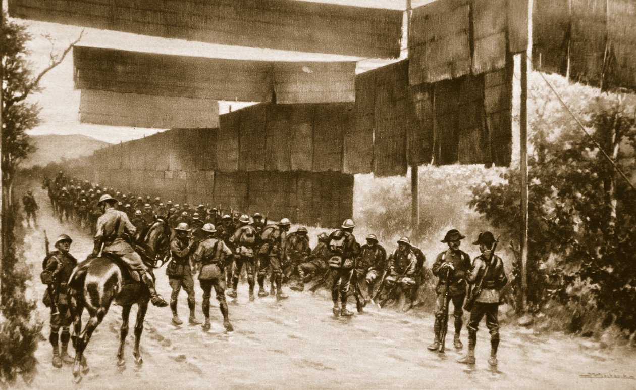Schermi di stuoie per strada esposta: un dispositivo impiegato dagli italiani avanzando su Gorizia, 1914-19 da English School