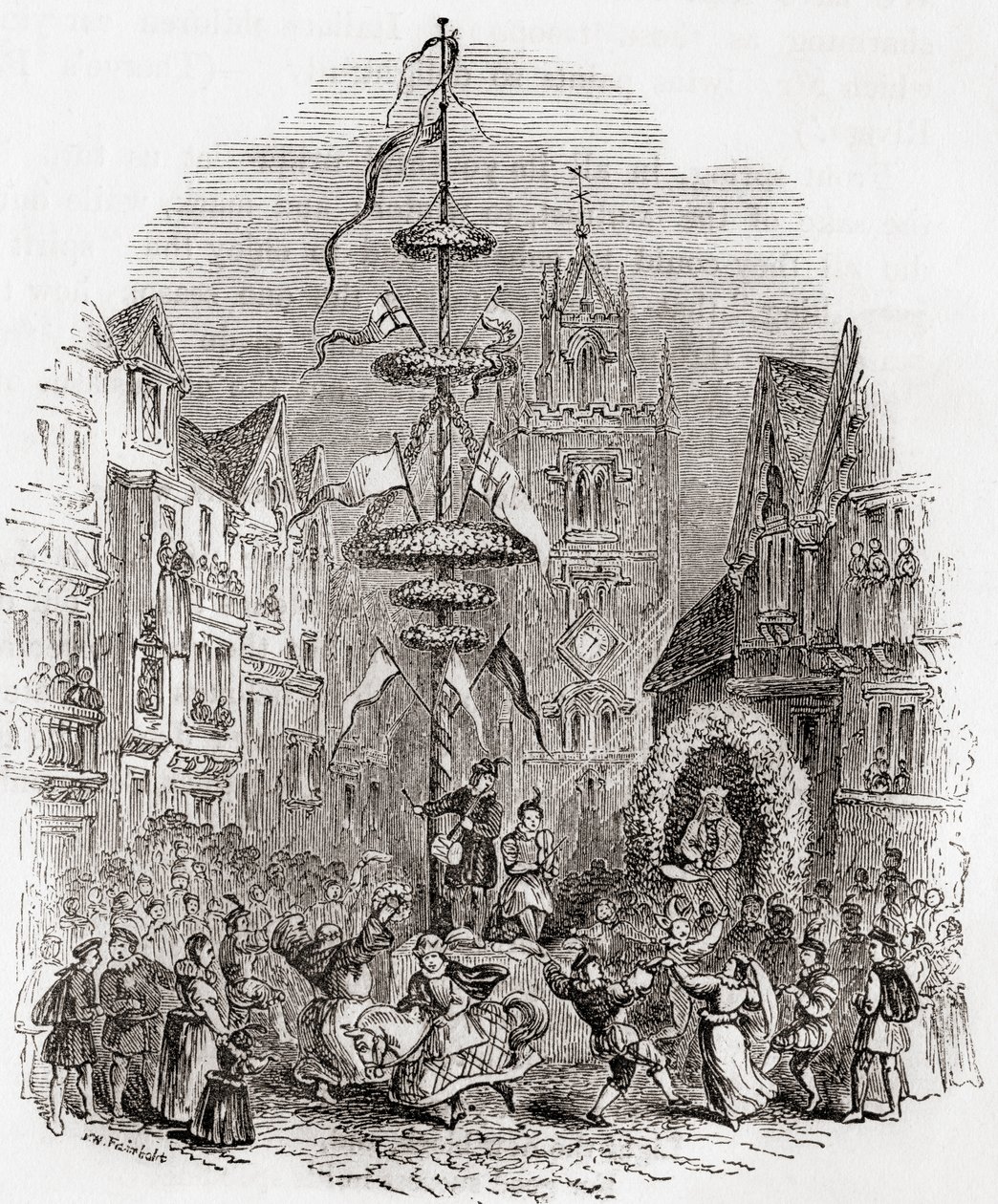Danza del palo di maggio davanti alla chiesa di St Andrew Undershaft, Londra, Inghilterra nel XIX secolo, da Old England: A Pictorial Museum, pub. 1847 da English School