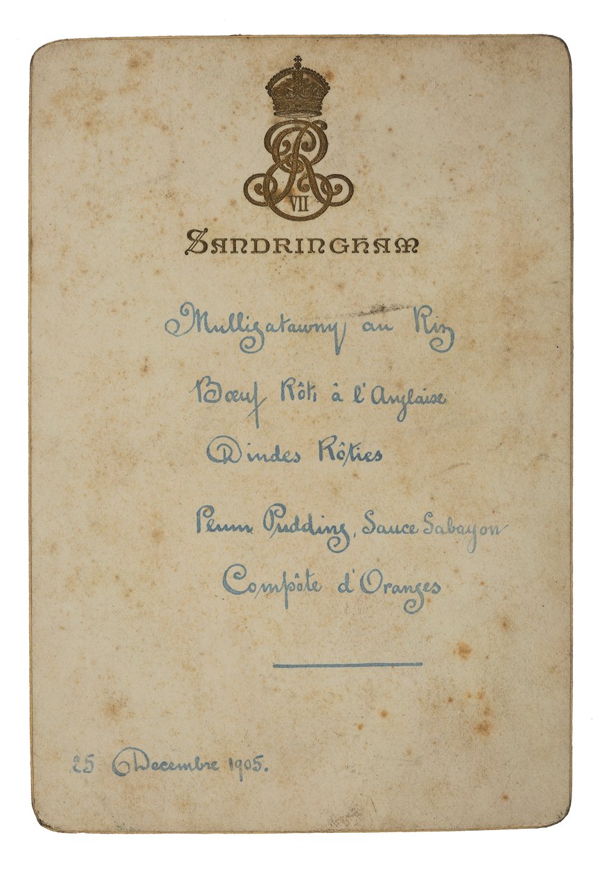 Menu per il giorno di Natale a Sandringham da English School