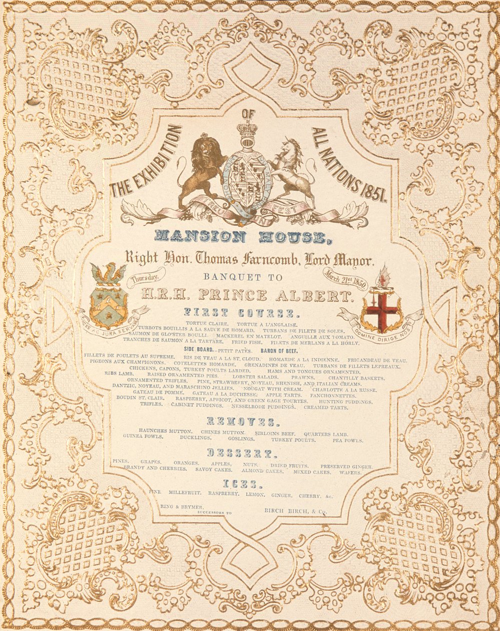 Menu del banchetto per il Principe Alberto alla Mansion House, per celebrare la Grande Esposizione di Tutte le Nazioni, Londra, 1851 da English School