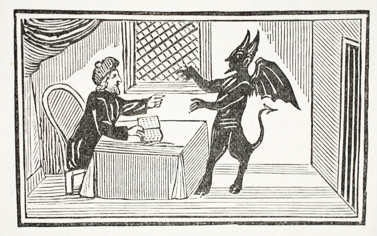 Mefistofele arriva a casa del Dottore, illustrazione da Chap-books of the Eighteenth Century di John Ashton, pub. 1882 da English School