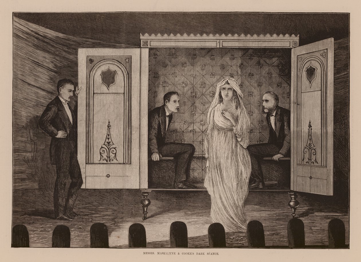 I signori Maskelyne e Cookes, seduta spiritica al buio (incisione) da English School