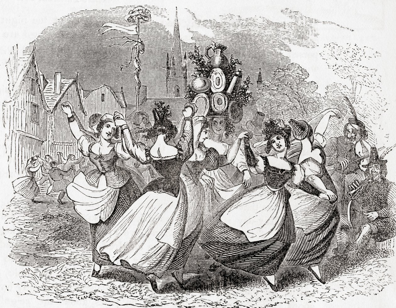 Danza della lattaia, con pila di piatti, May Day, Inghilterra, da Old England: A Pictorial Museum, pub. 1847 da English School